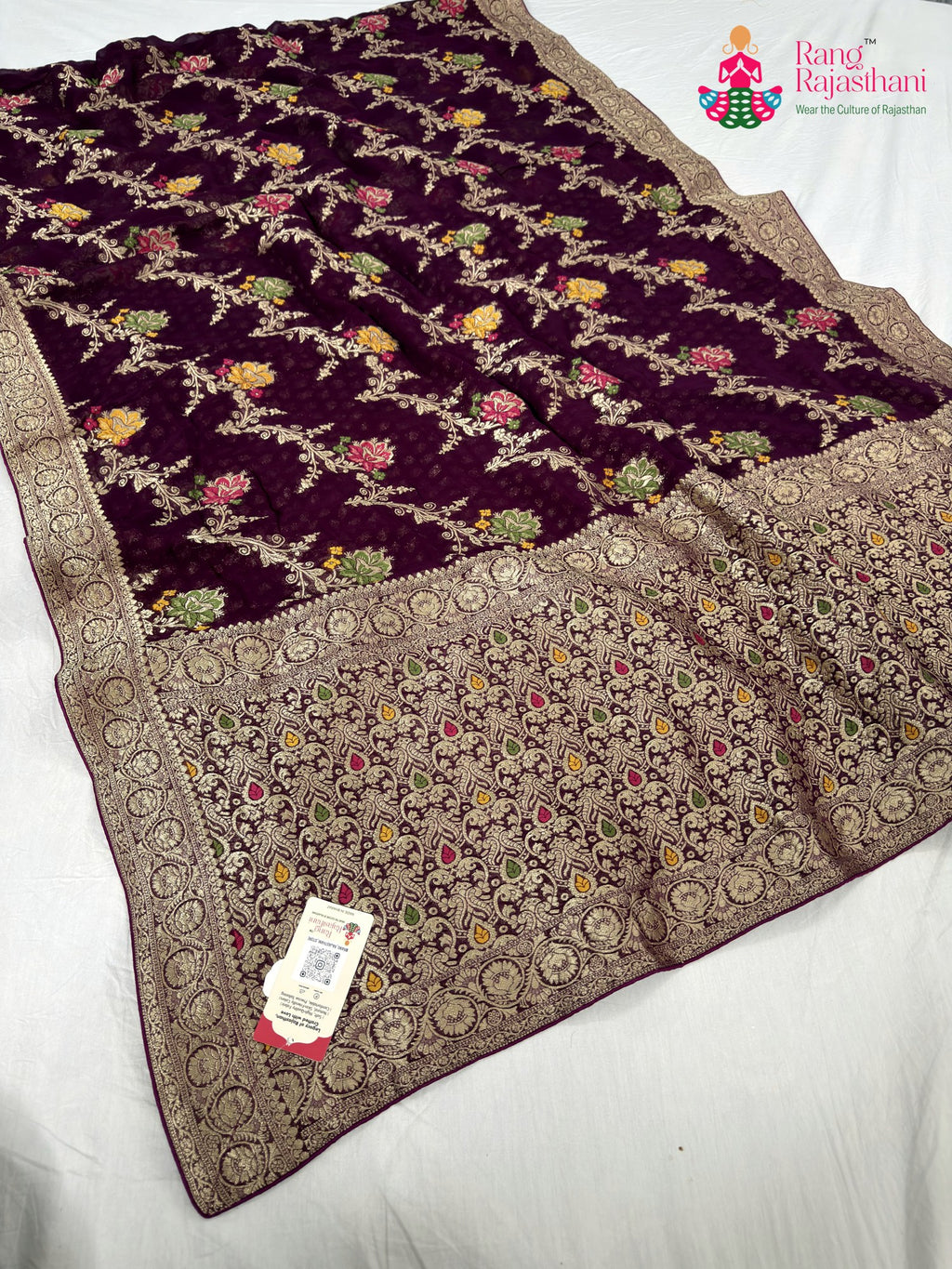 pallu detailing of wine soft georgette meenakari zari saree