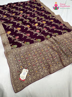 pallu detailing of wine soft georgette meenakari zari saree