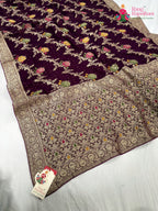 close up detailing of wine soft georgette meenakari zari saree