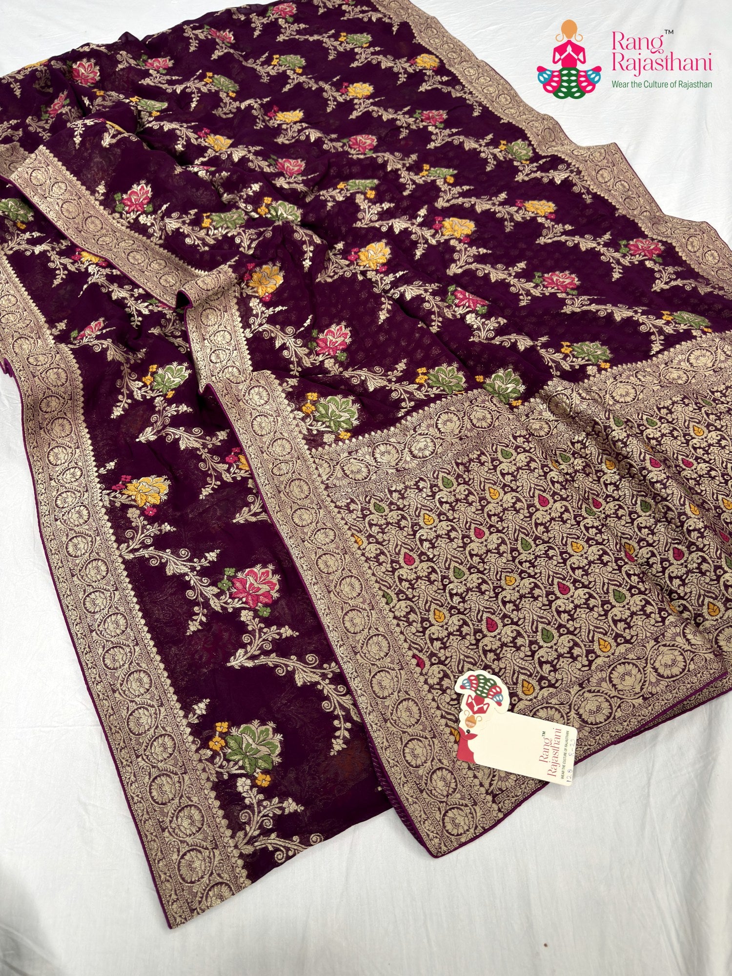 complete look of wine soft georgette meenakari zari saree