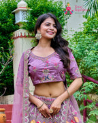 Purple Silk saree with Banarasi and Figure Work close up detailing