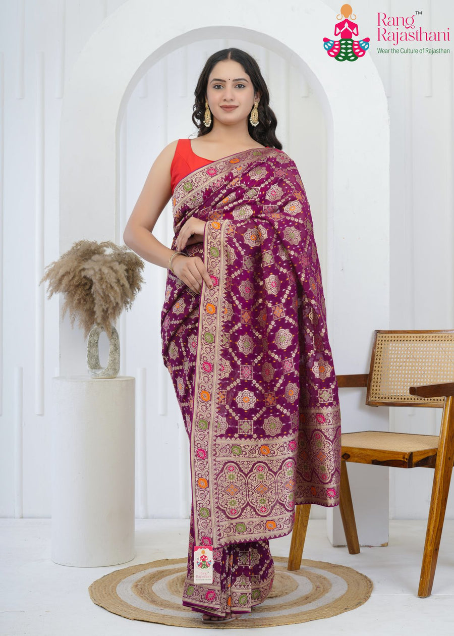 Wine Soft Georgette Banarasi Zari Weave Saree for Wedding Guest | Ethnic Luxe