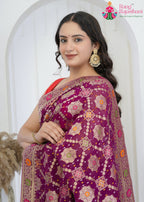 Wine Pure Georgette saree with Khaddi Work close up detailing