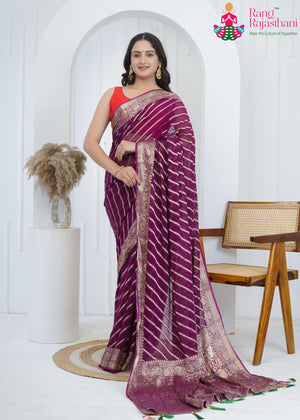 Wine Soft Georgette Banarasi Zari Weave Leheriya Saree for Wedding Reception | Festive Collection