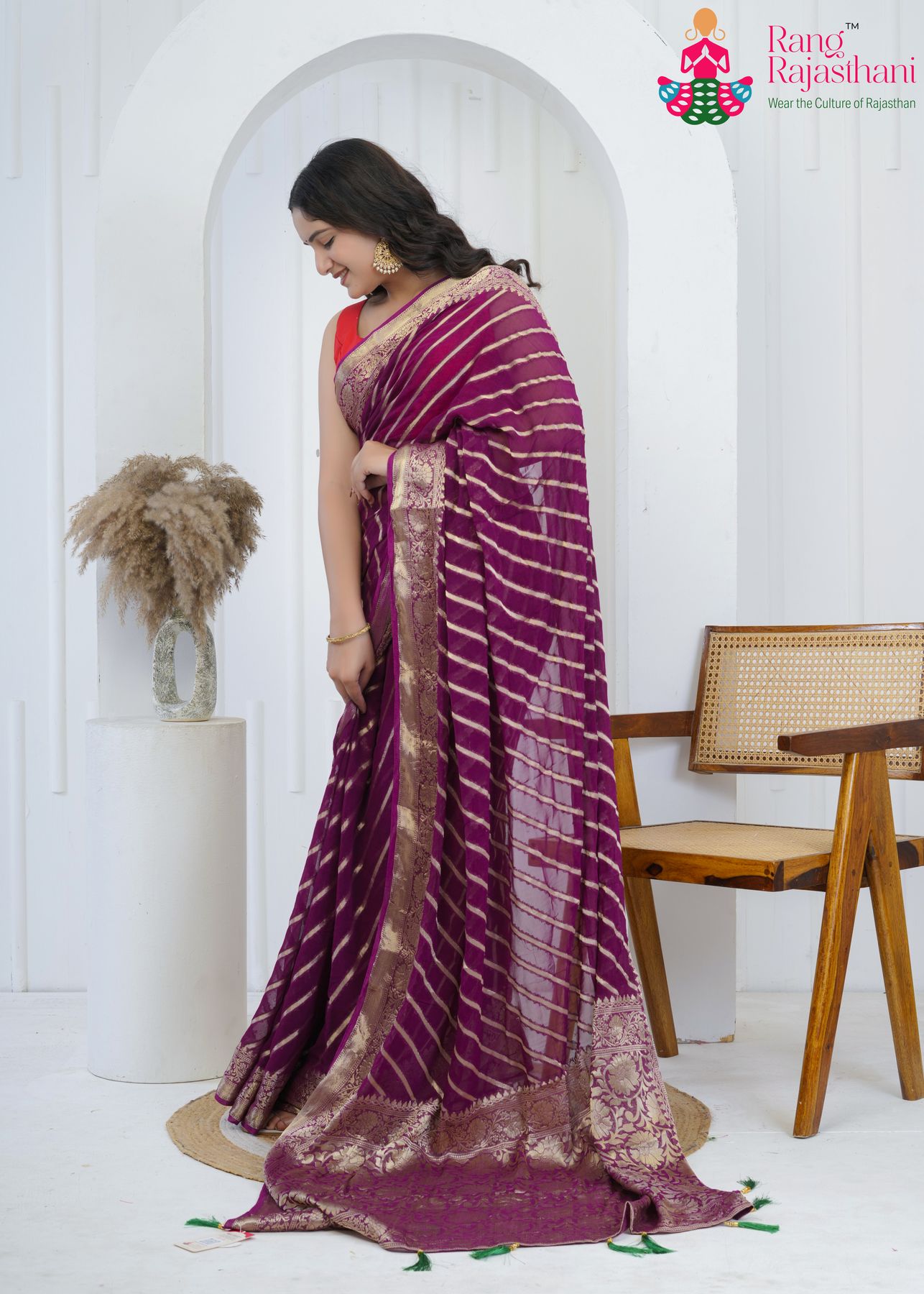 Wine Georgette Luxe Saree : Banarasi Royal Bloom