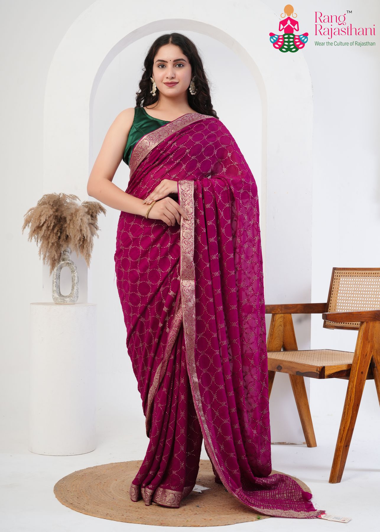 wine chinnon saree with sequence work for sangeet