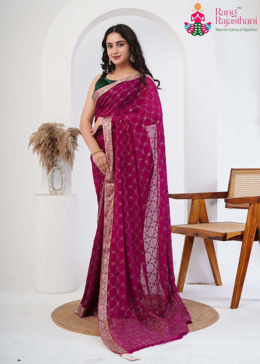 wine chinnon saree with sequence work for sangeet side drape view