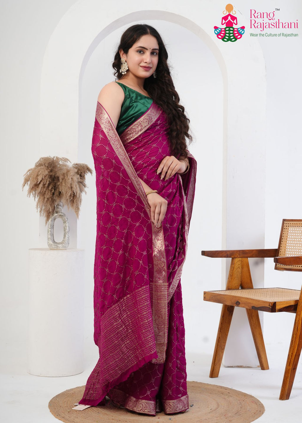 wine chinnon saree with sequence work for sangeet close-up view