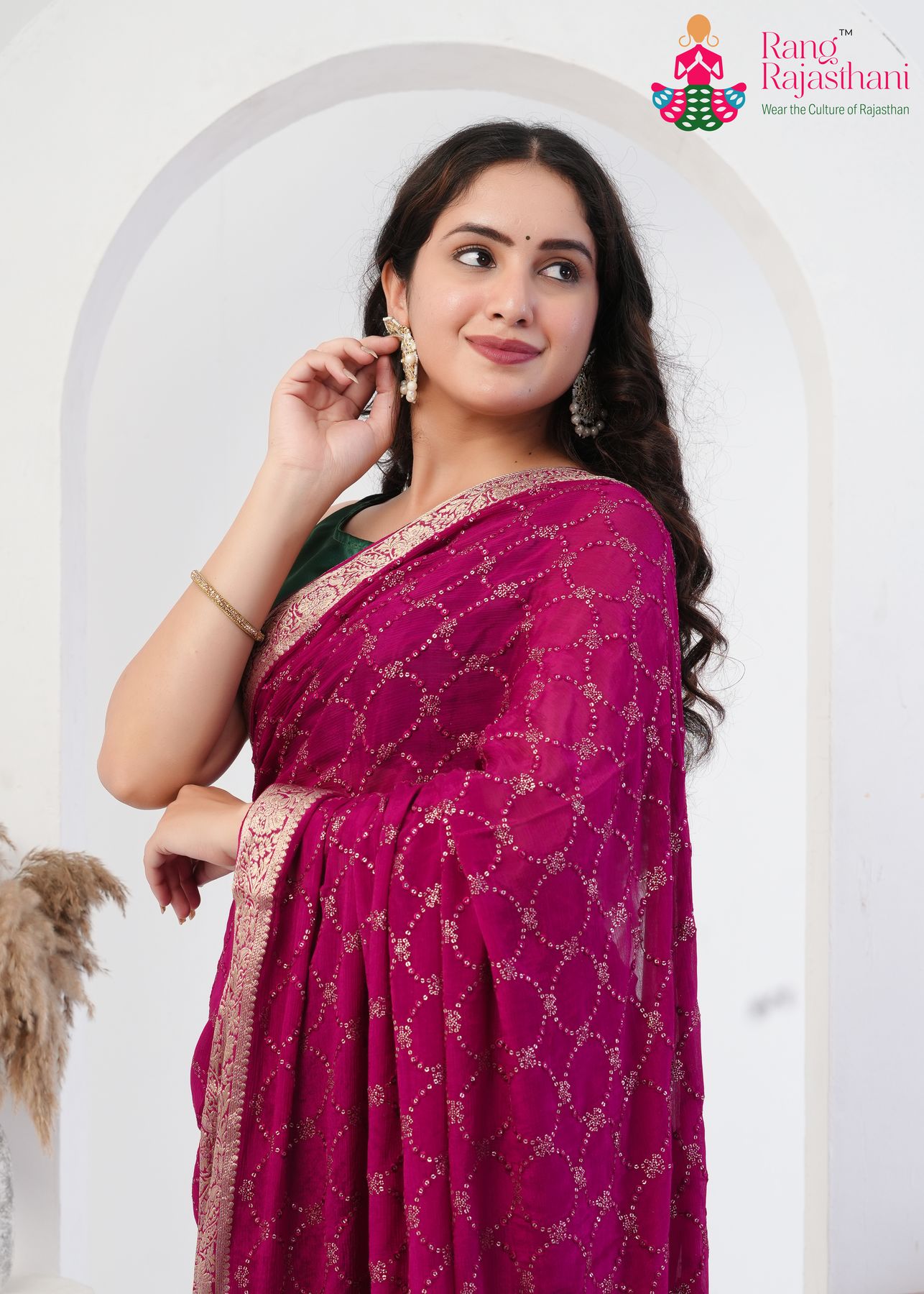 wine chinnon saree with sequence work for sangeet gallery view 1