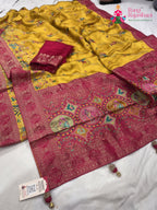 complete look of yellow art silk meenakari zari saree 