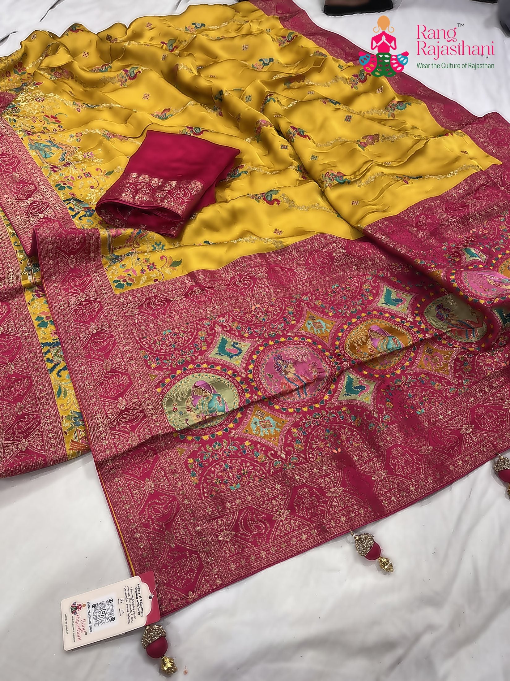 complete look of yellow art silk meenakari zari saree 