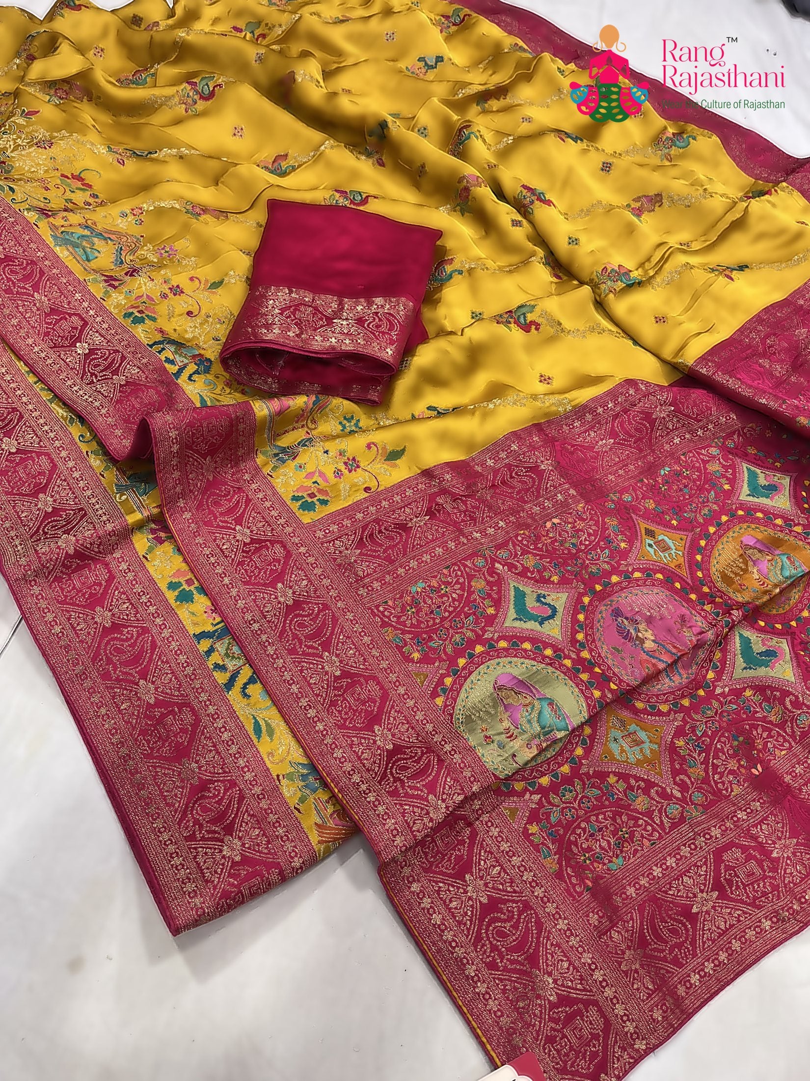 yellow art silk meenakari zari saree  for haldi ceremony by Rang Rajasthani