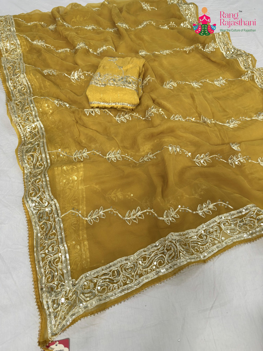 yellow chiffon gota patti saree for haldi ceremony by Rang Rajasthani