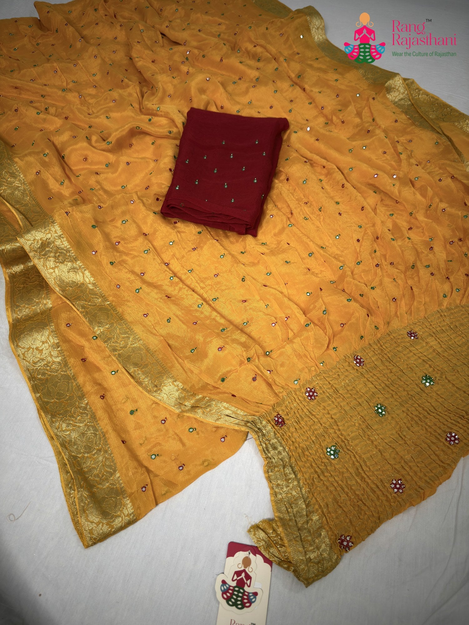 yellow chinnon banarasi zari weave saree for motherhood ceremony by Rang Rajasthani