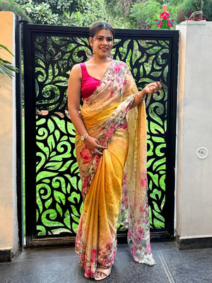 Yellow Pure Chinon Mirror Printed Saree for Festive Celebration | Festive Wear