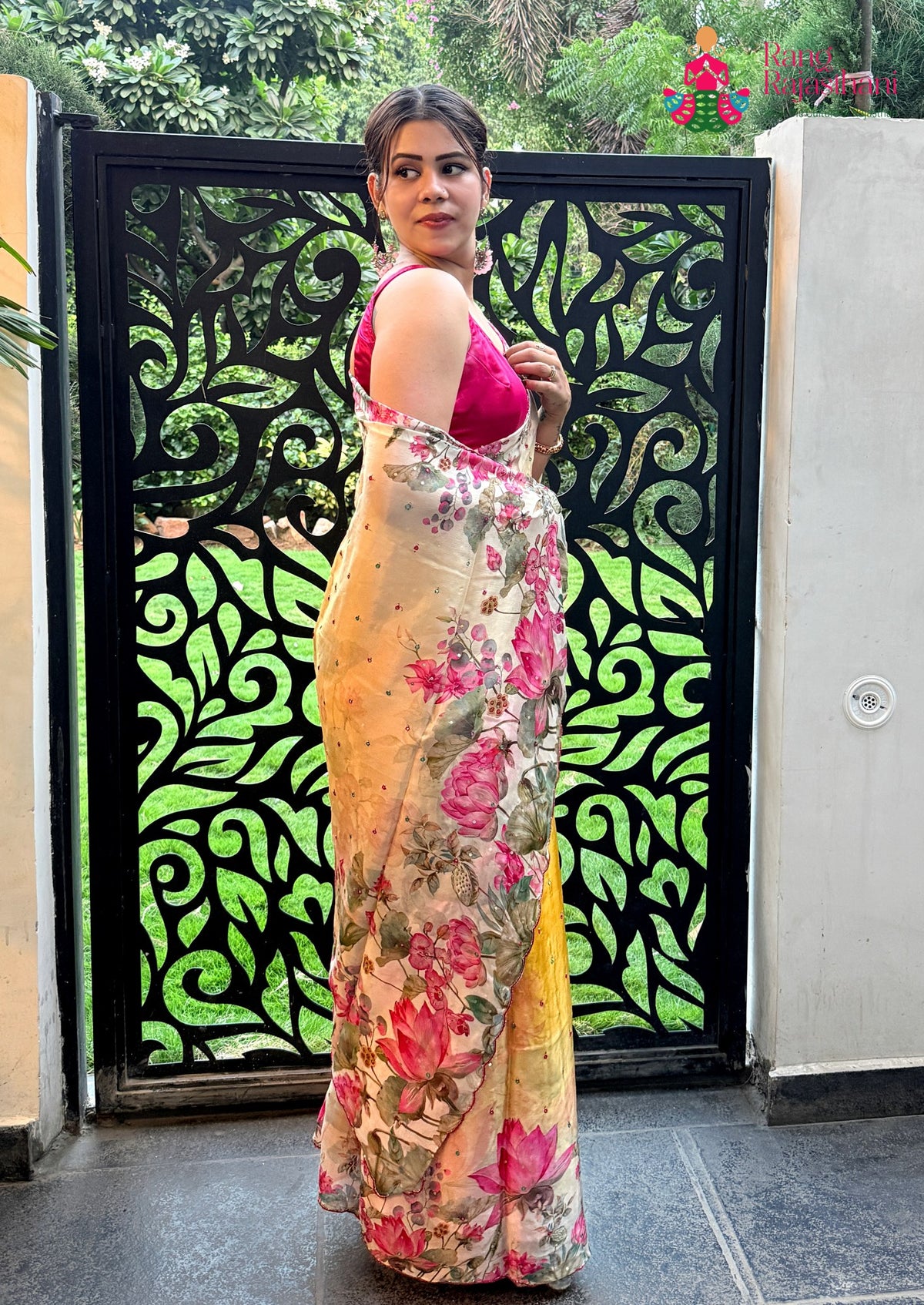 Yellow Pure Chinon Mirror Printed Saree for Festive Celebration | Festive Wear