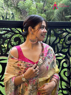 Yellow Pure Chinon Mirror Printed Saree for Festive Celebration | Festive Wear