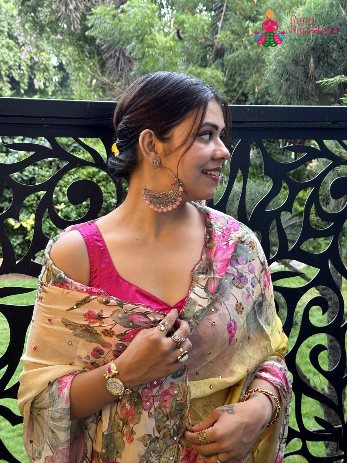 Yellow Pure Chinon Mirror Printed Saree for Festive Celebration | Festive Wear