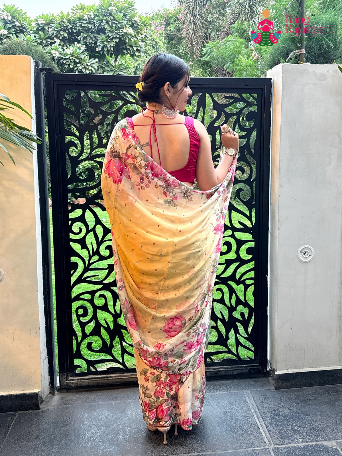 Yellow Pure Chinon Mirror Printed Saree for Festive Celebration | Festive Wear