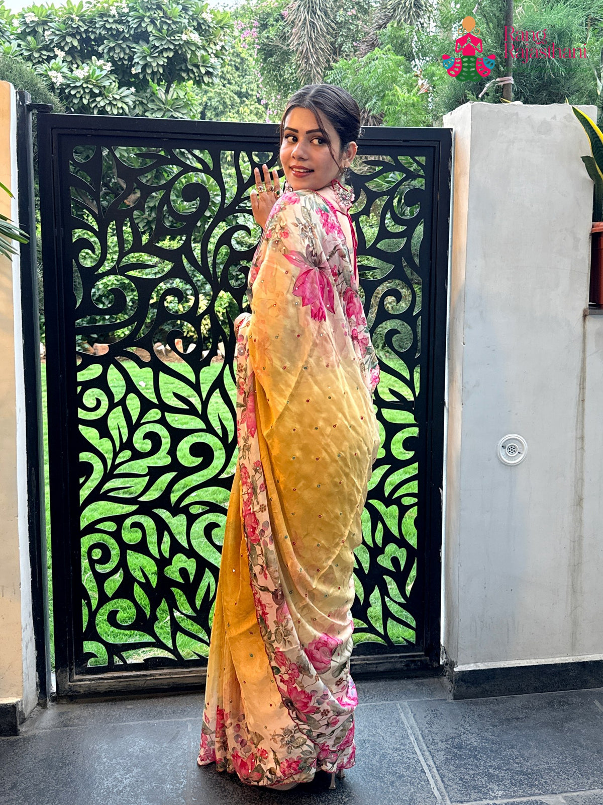 Yellow Pure Chinon Mirror Printed Saree for Festive Celebration | Festive Wear