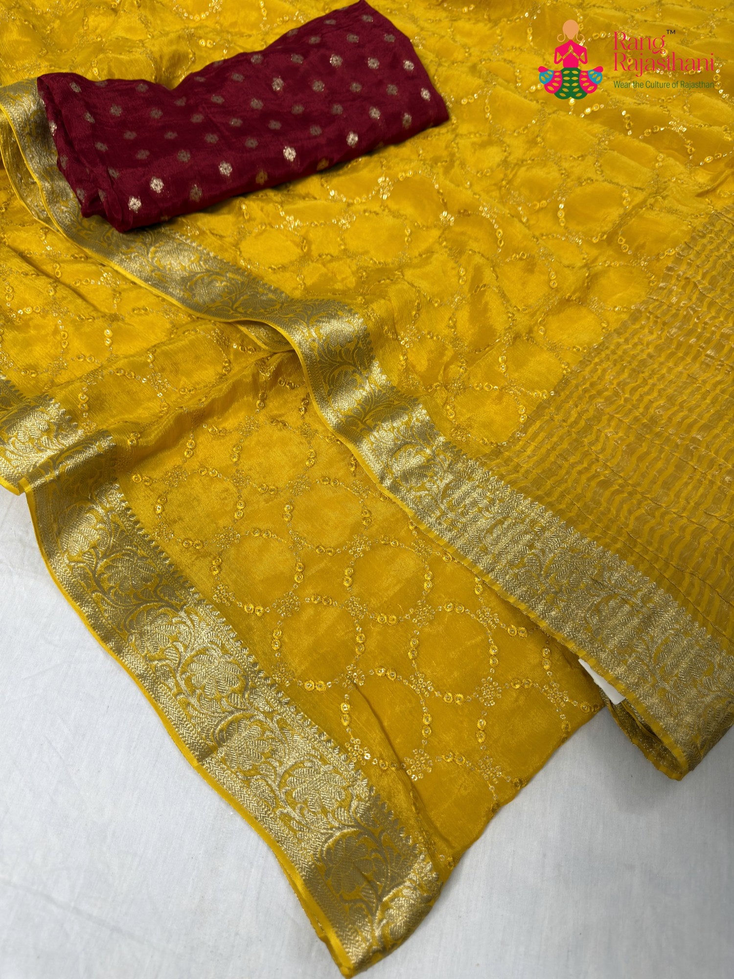 complete look of yellow chinnon sequin saree