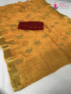 yellow chinnon zari embroidery saree for haldi ceremony by Rang Rajasthani