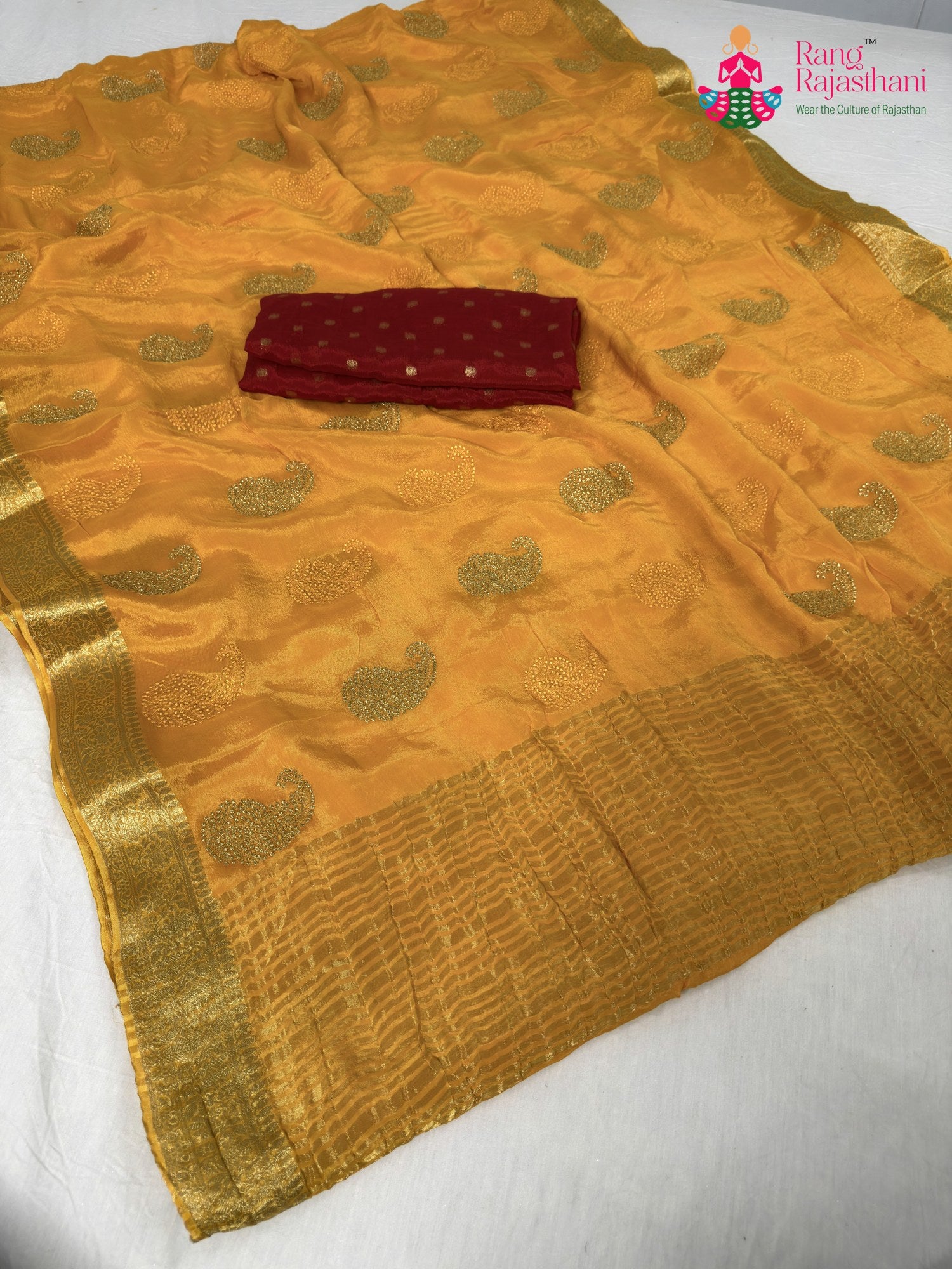 yellow chinnon zari embroidery saree for haldi ceremony by Rang Rajasthani