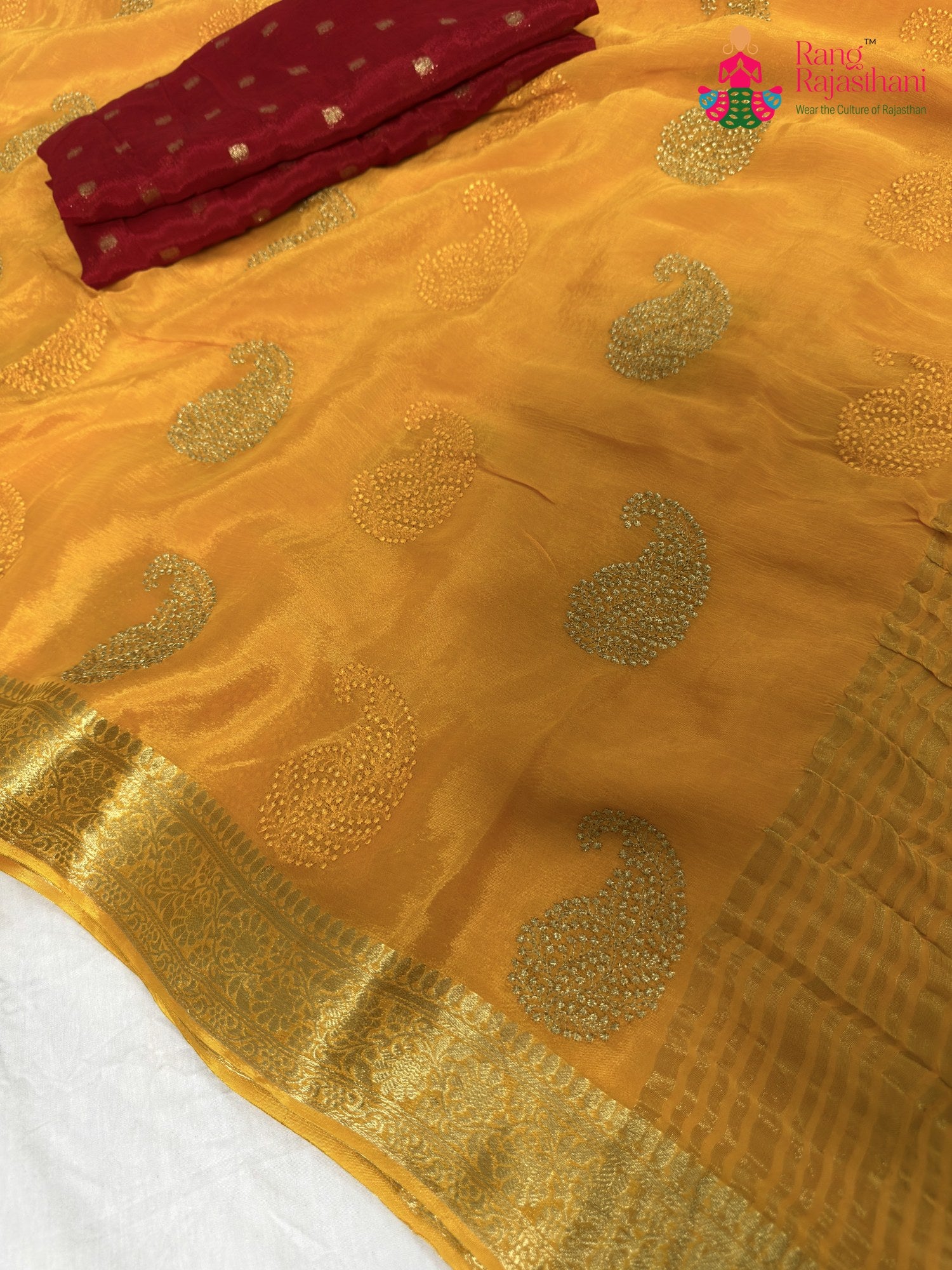 complete look of yellow chinnon zari embroidery saree