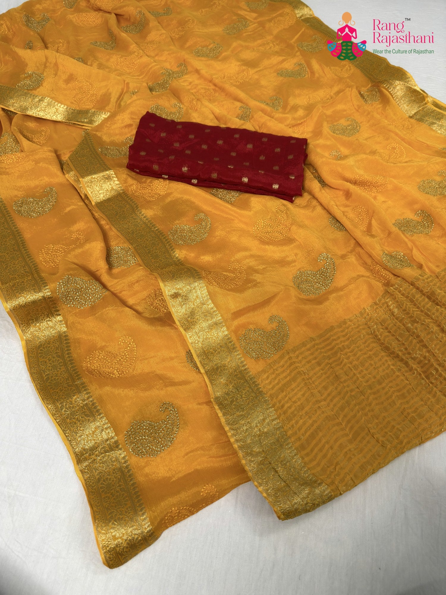 border detailing of yellow chinnon zari embroidery saree