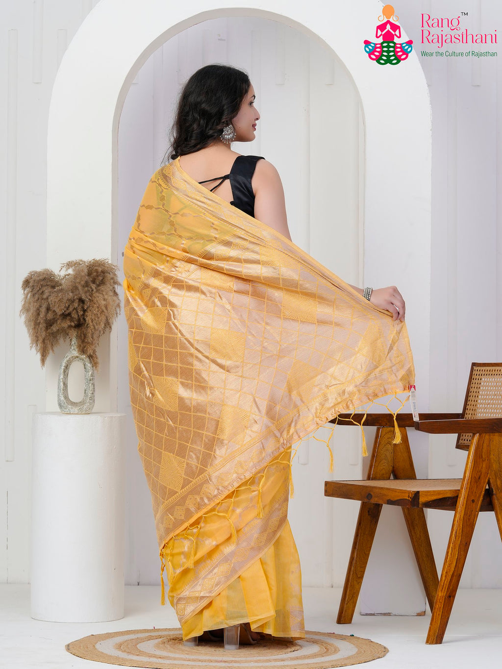 Yellow Cotton saree with Weaving back view