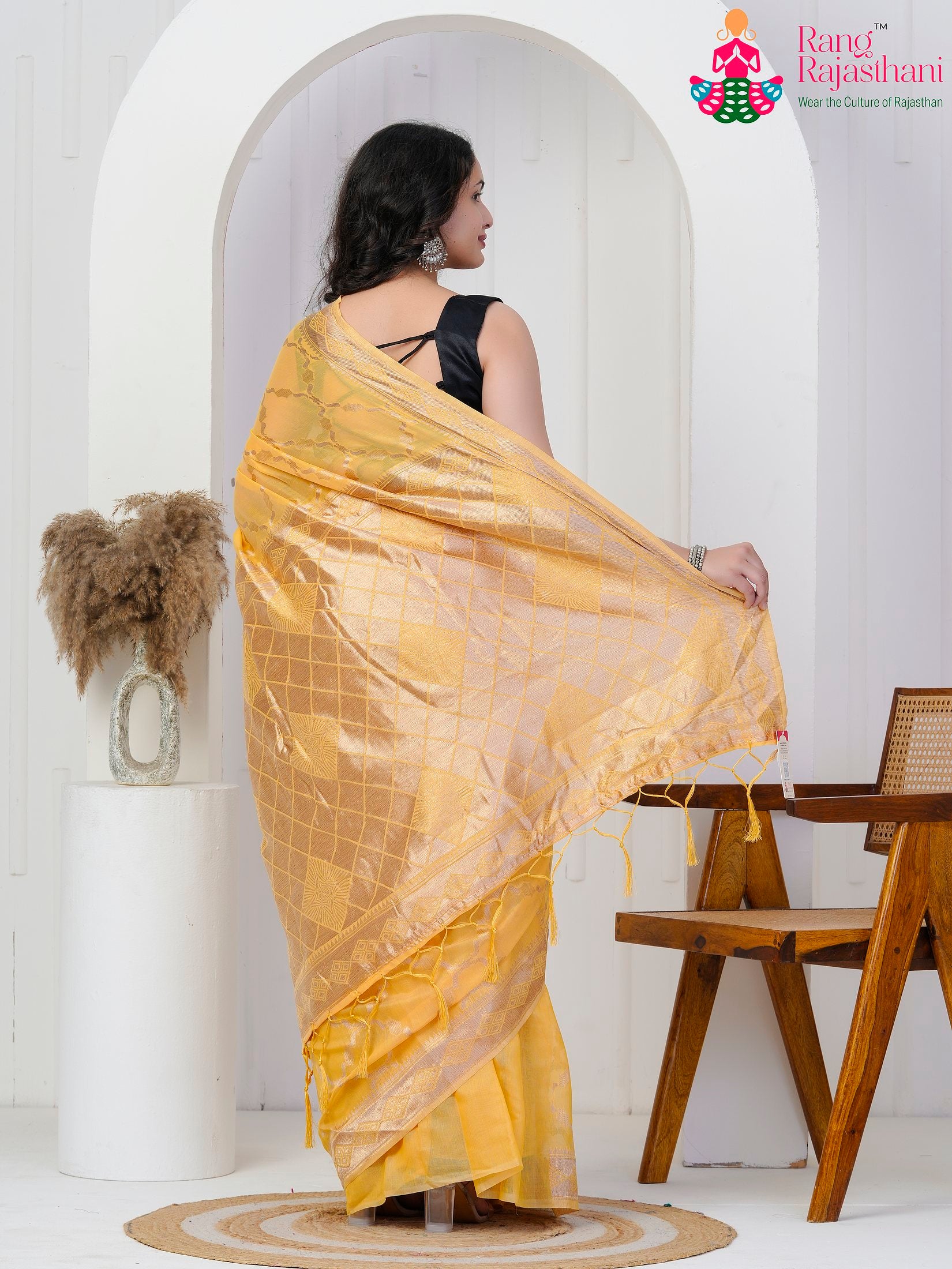 Yellow Cotton saree with Weaving back view