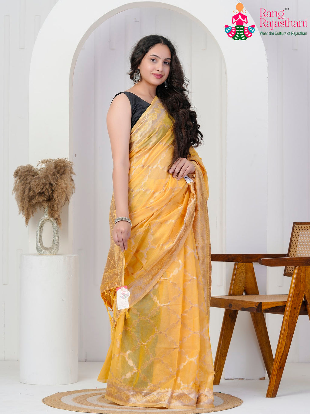 Yellow Cotton saree with Weaving side drape view
