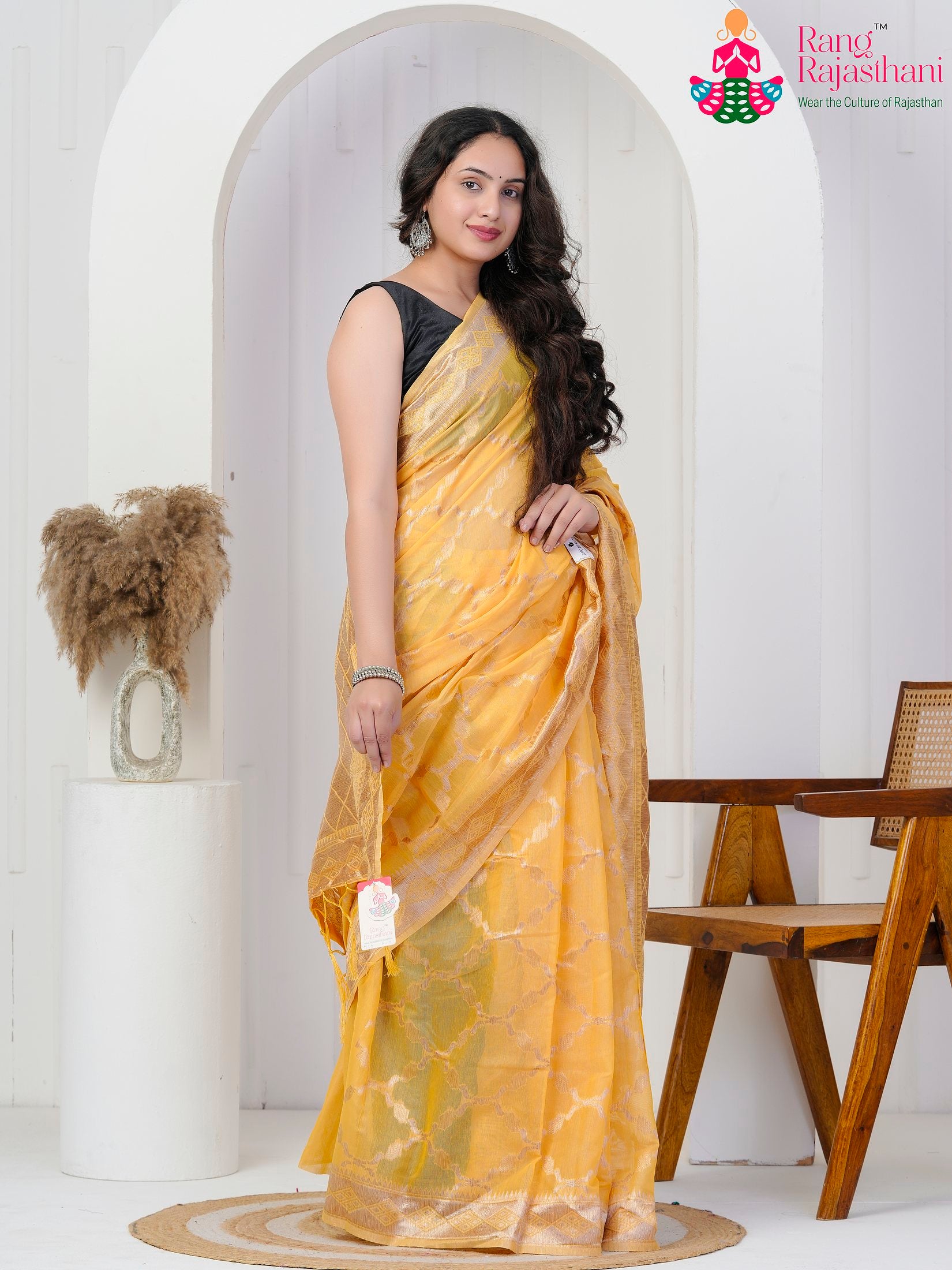 Yellow Cotton saree with Weaving side drape view