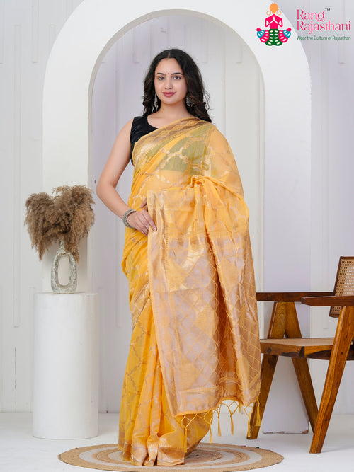 Yellow Cotton Silk Woven Saree : Jaal Zari Border main-image