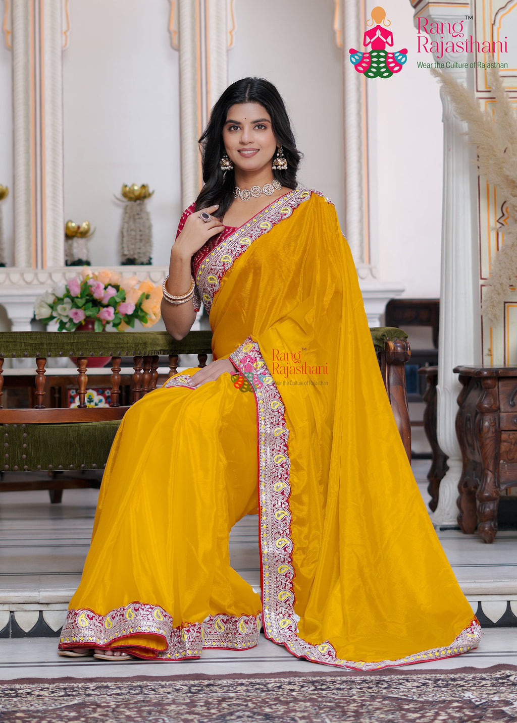 complete look of yellow fabric saree 