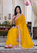 complete look of yellow fabric saree 