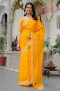 Yellow Imported Fendi Party saree with Pita Work from Rang Rajasthani
