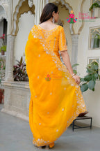 Yellow Imported Fendi saree with Pita Work back view