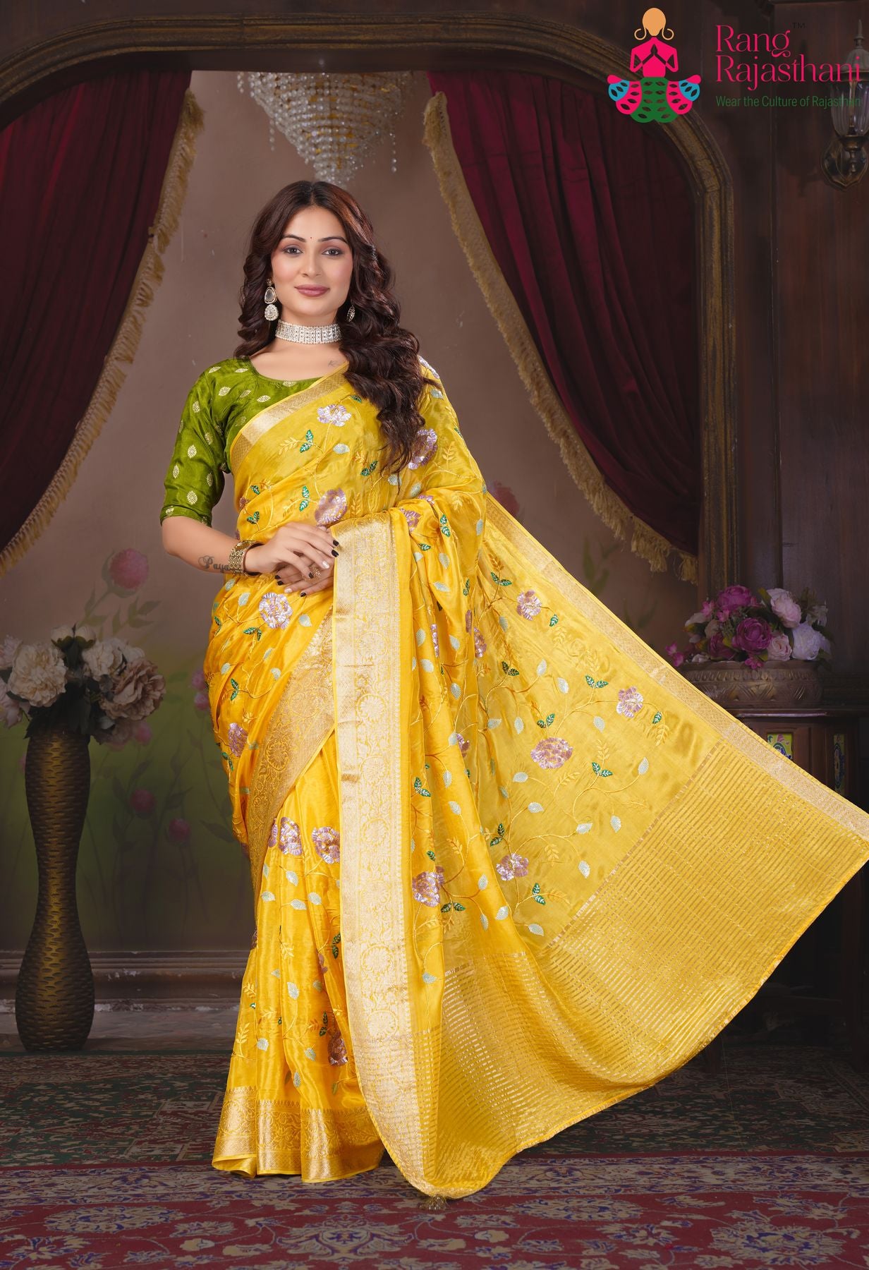 Yellow Party Wear Saree| Stitched Blouse saree | Rang Rajasthani