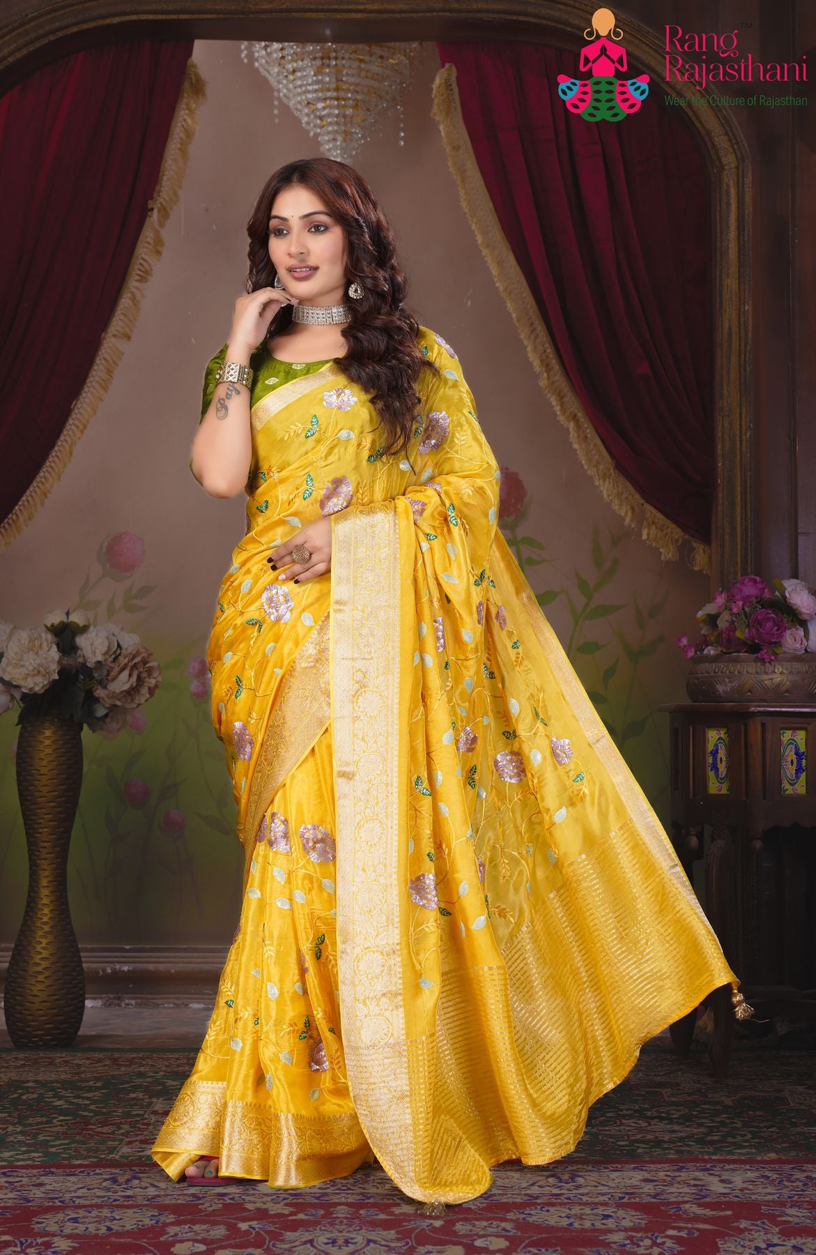 Yellow Party Wear Saree| Stitched Blouse saree | Rang Rajasthani