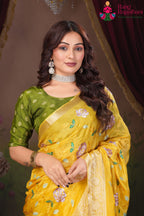 Yellow Pure Chinon saree with Sequence close up detailing