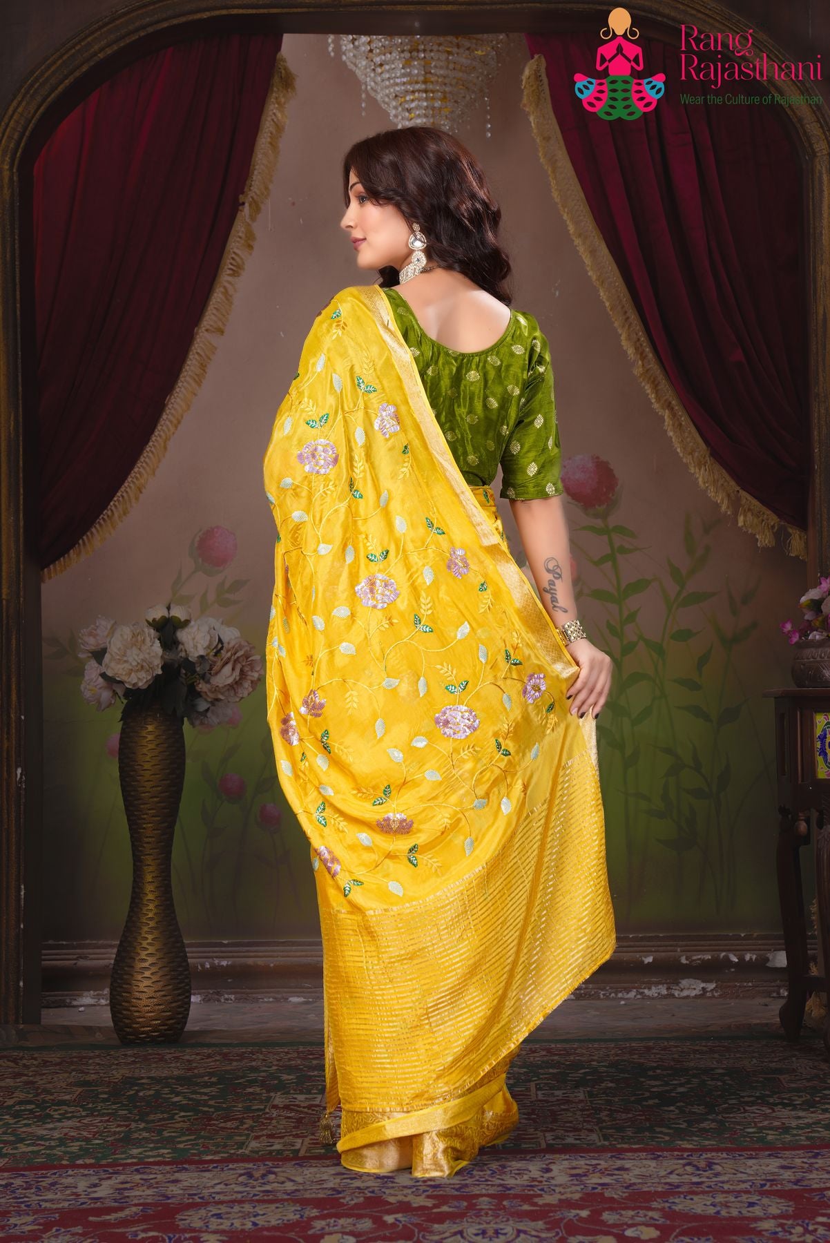 Yellow Party Wear Saree| Flower print saree | Rang Rajasthani
