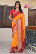 Yellow Red Kora Silk Wedding saree with Hand Work from Rang Rajasthani
