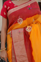 Yellow Red Kora Silk saree with Hand Work close up detailing