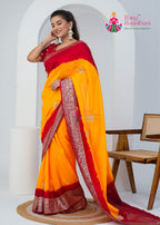 Yellow Red Silk saree with Zari Work side drape view