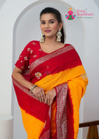 Yellow Red Silk saree with Zari Work close up detailing