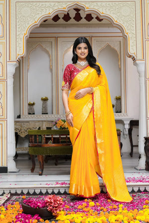 Yellow Synthetic Plain Saree for Haldi Ceremony | Style Edit