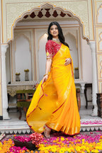 Yellow Soft Synthetic Silk saree with Zari side drape view