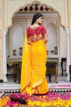 Yellow Soft Synthetic Silk saree with Zari back view