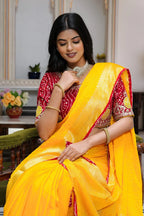 Yellow Soft Synthetic Silk saree with Zari close up detailing
